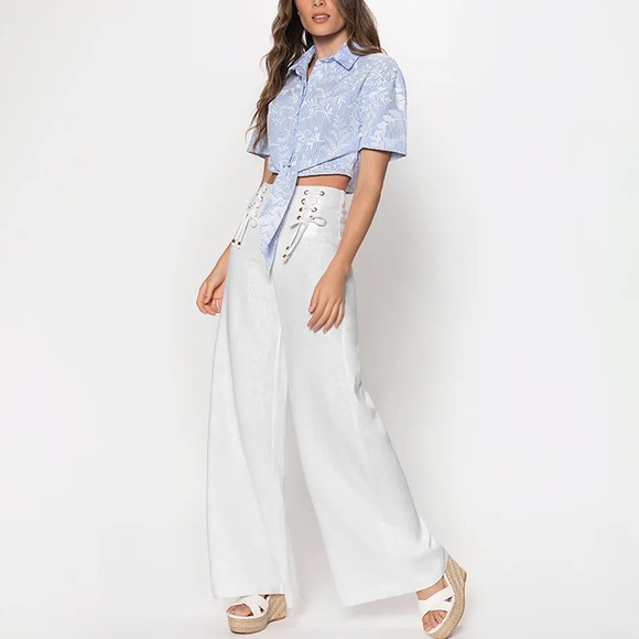 Studio F High Waist White Linen Pants - Size M - Picture 4 of 12